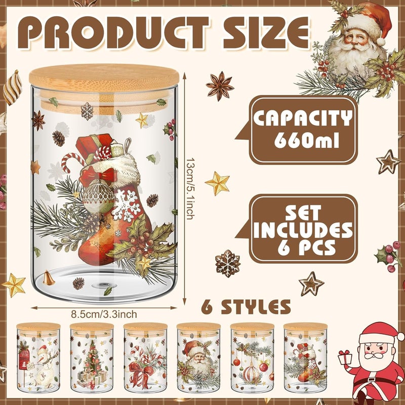 Shellwei 6 Pcs Retro Christmas Glass Storage Jar with Airtight Bamboo Lid Santa Claus Canister Sets Christmas Tree Snowman Cookie Candy Storage 19oz for Kitchen Containers Countertop Decoration - Image 3